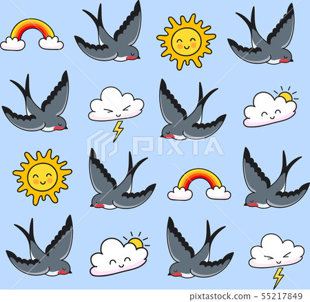 Grey swallows, smiling clouds, rainbow, sun. 55217849