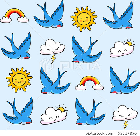 Swallows, smiling clouds, rainbow, sun. Swallows, smiling clouds, rainbow, sun. 55217850