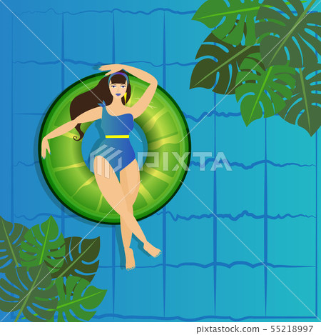 Young woman sunbath on ring in the swimming pool, 55218997