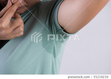 Close-up asian woman with hyperhidrosis sweating. 55219210