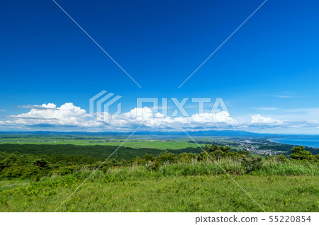 [秋田縣大賀半島]從大賀半島觀音山看的八rog田填海區的稻田和日本海 55220854