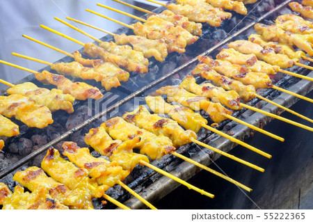 Pork skewers grilled on a stove 55222365