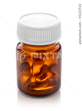 Fish oil capsules in brown glass bottle Fish oil capsules in brown glass bottle 55222532