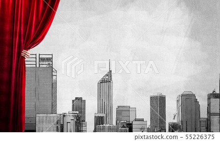 Drawn modern cityscape behind drapery curtain and hand opening it Drawn modern cityscape behind drapery curtain and hand opening it 55226375