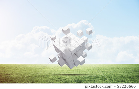Abstract flying white cubes on green meadow Abstract flying white cubes on green meadow 55226660