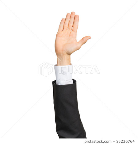 Businessman hand in suit showing open palm gesture 55226764