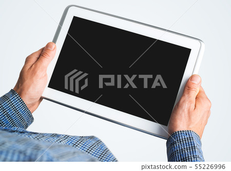 Hands of businessman holding tablet pc with black screen Hands of businessman holding tablet pc with black screen 55226996