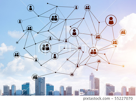 Modern city and social net as concept for global networking Modern city and social net as concept for global networking 55227070