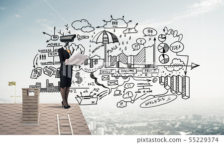 Concept of home security and privacy protection with camera headed woman 55229374