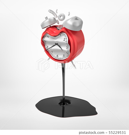 3d rendering of damaged silver red alarm clock with black thick liquid spill isolated on white 55229531