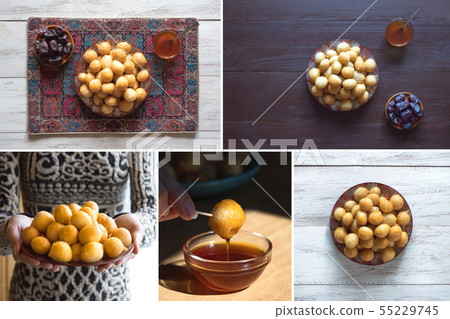 Collage with Luqaimat, traditional sweet dumplings 55229745