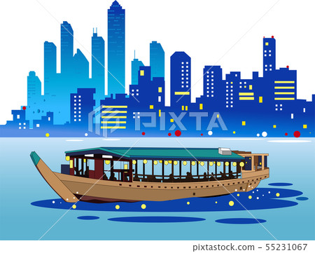 Night boat with houseboat Night boat with houseboat 55231067