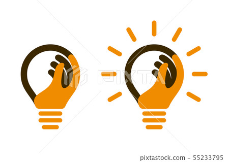 Bulb icons with human hand and light beams Bulb icons with human hand and light beams 55233795