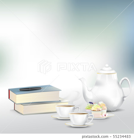 afternoon tea or coffee set with books and pen 55234483