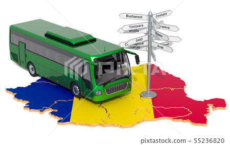 Romania Bus Tours concept. 3D rendering Romania Bus Tours concept. 3D rendering 55236820