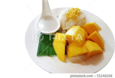 Mango sticky rice on a white plate,selective focus Mango sticky rice on a white plate,selective focus 55240208