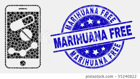 Vector Dot Mobile Pharmacy Chart Icon and Scratched Marihuana Free Stamp 55240822