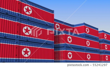 Container yard full of containers with flag of North Korea. Export or import related 3D rendering Container yard full of containers with flag of North Korea. Export or import related 3D rendering 55241297