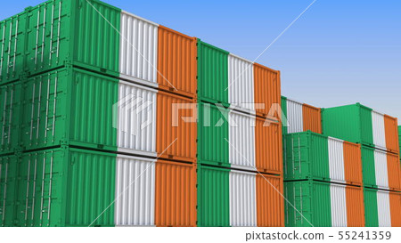 Container terminal full of containers with flag of the Republic of Ireland. Irish export or import Container terminal full of containers with flag of the Republic of Ireland. Irish export or import 55241359