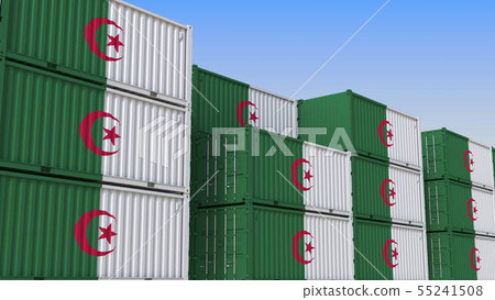 Container yard full of containers with flag of Algeria. Algerian export or import related 3D Container yard full of containers with flag of Algeria. Algerian export or import related 3D 55241508