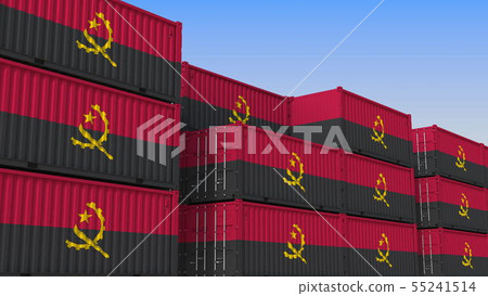 Container terminal full of containers with flag of Angola. Angolan export or import related 3D Container terminal full of containers with flag of Angola. Angolan export or import related 3D 55241514