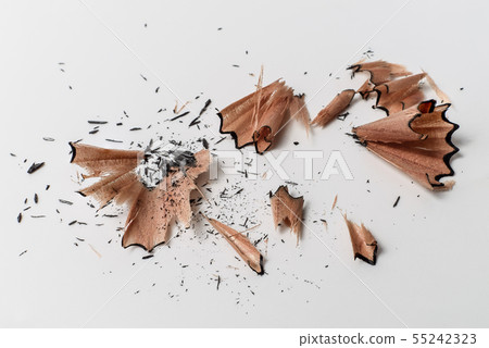 Pencil sharpener wooden swirl shavings on white 55242323