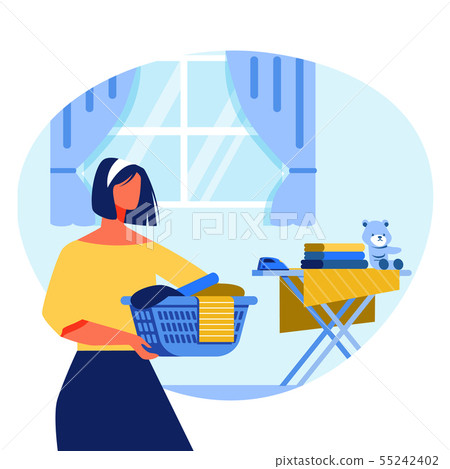 Housewife wiht Box on Background Ironing Board. Housewife wiht Box on Background Ironing Board. 55242402