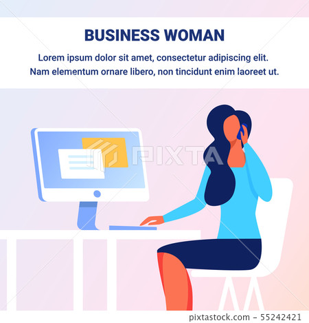 Woman Talking Phone. Sits on Chair near Computer. 55242421