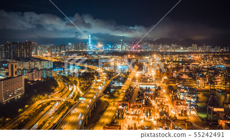 Hong Kong port, highway traffic, and cityscape 55242491