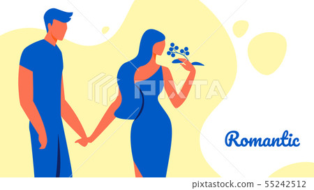 Man Holds Woman by Hand. Woman Sniffs Flower. Man Holds Woman by Hand. Woman Sniffs Flower. 55242512