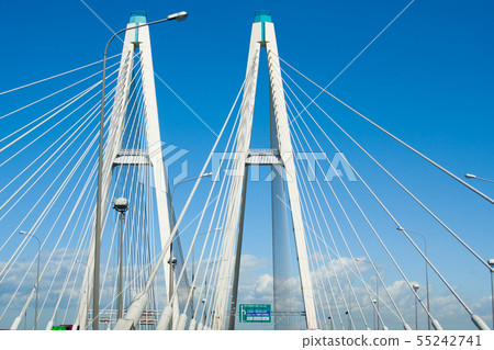 Cable-stayed bridge in St. Petersburg, Russia over Cable-stayed bridge in St. Petersburg, Russia over 55242741