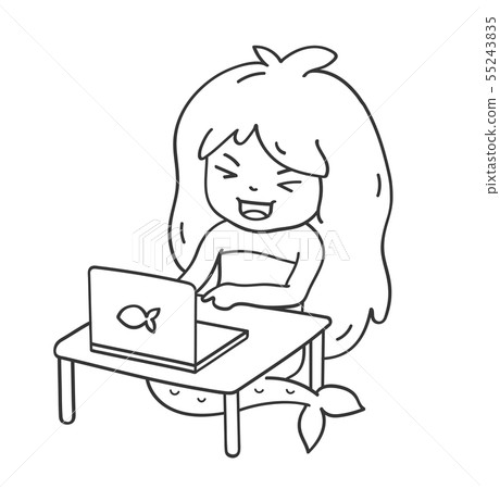 Mermaid laughing in front of a laptop. 55243835