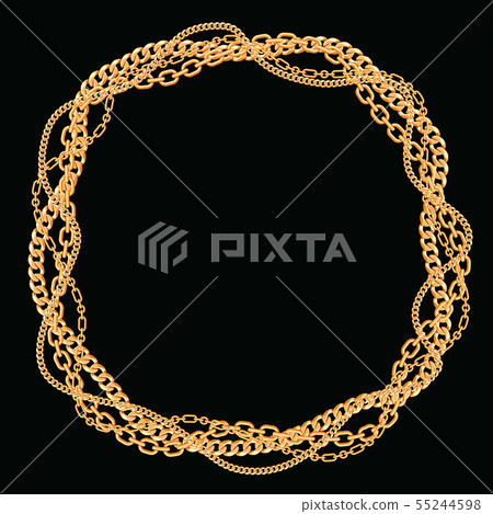 Round frame made with twisted golden chains. On black. Vector illustration 55244598