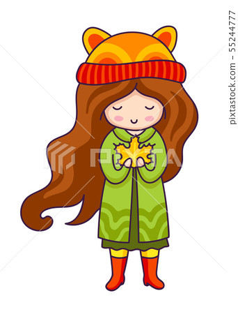 Autumn girl. Little girl with maple leaf. 55244777