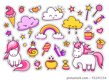 Cool stickers set of unicorns, clouds, rainbow. 55245154