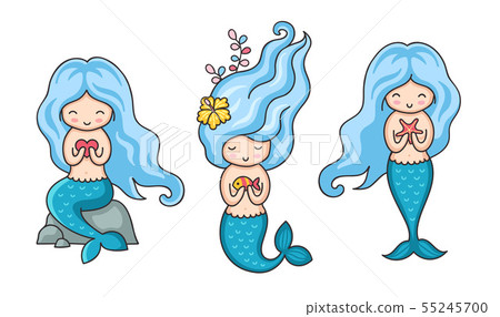 Collection of cute little mermaids with blue hair. Collection of cute little mermaids with blue hair. 55245700