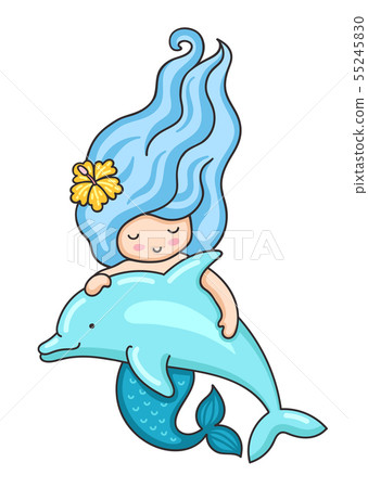 Cute Little Mermaid With Wavy Blue Hair Stock Illustration