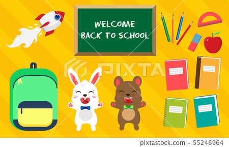 Back to school. Vector set of education icons in kawaii style. Bunny and bear with bow tie, green Back to school. Vector set of education icons in kawaii style. Bunny and bear with bow tie, green 55246964
