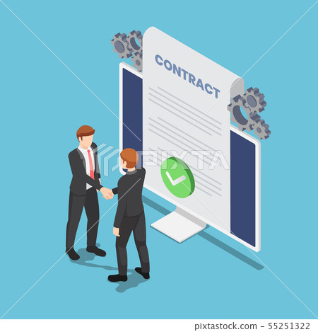 Isometric businessmen shaking hand with online Isometric businessmen shaking hand with online 55251322