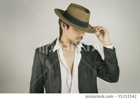 Portrait Man in Black Suit Hat Fashion Retro Portrait Man in Black Suit Hat Fashion Retro 55253542