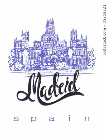 Travel. trip to Spain. City Of Madrid. Sketch. Cybele Palace and fountain at the Plaza Cibeles in Travel. trip to Spain. City Of Madrid. Sketch. Cybele Palace and fountain at the Plaza Cibeles in 55258821