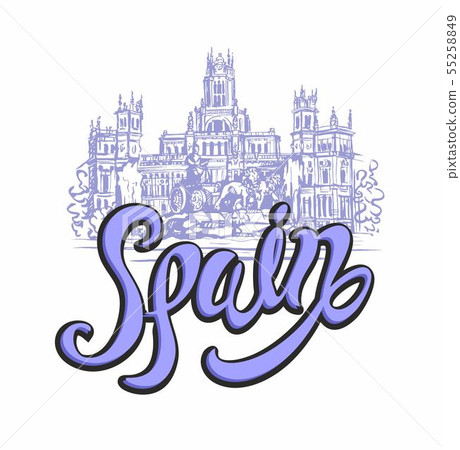 Travel. trip to Spain. City Of Madrid. Sketch. Cybele Palace and fountain at the Plaza Cibeles in Travel. trip to Spain. City Of Madrid. Sketch. Cybele Palace and fountain at the Plaza Cibeles in 55258849