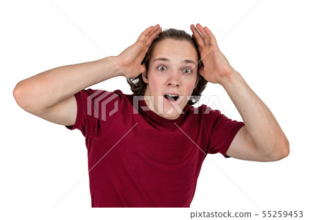 Portrait of young handsome man with surprised and 55259453