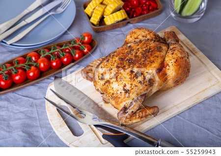 Chicken whole baked on salt. With vegetables. 55259943