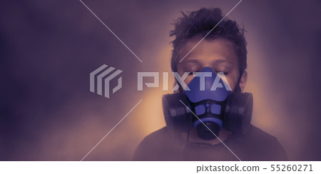 Young boy wearing gasmask, respirator portrait Young boy wearing gasmask, respirator portrait 55260271