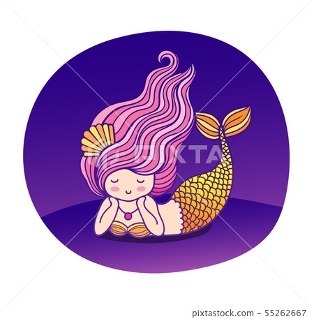 Dreamy Lying Cartoon Mermaid With Purple Hair Stock