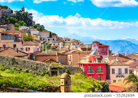 Nafplio, Greece aerial view and snow mountains Nafplio, Greece aerial view and snow mountains 55262694