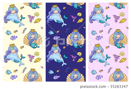 Collection of seamless pattern with mermaids. 55263347