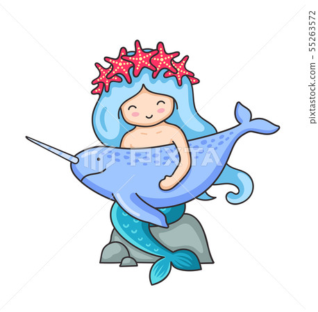 Cute mermaid with long blue hair and wreath. Cute mermaid with long blue hair and wreath. 55263572
