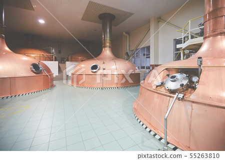 Equipment for preparation of beer. Lines of cooper tanks in brewery. Manufacturable process of 55263810